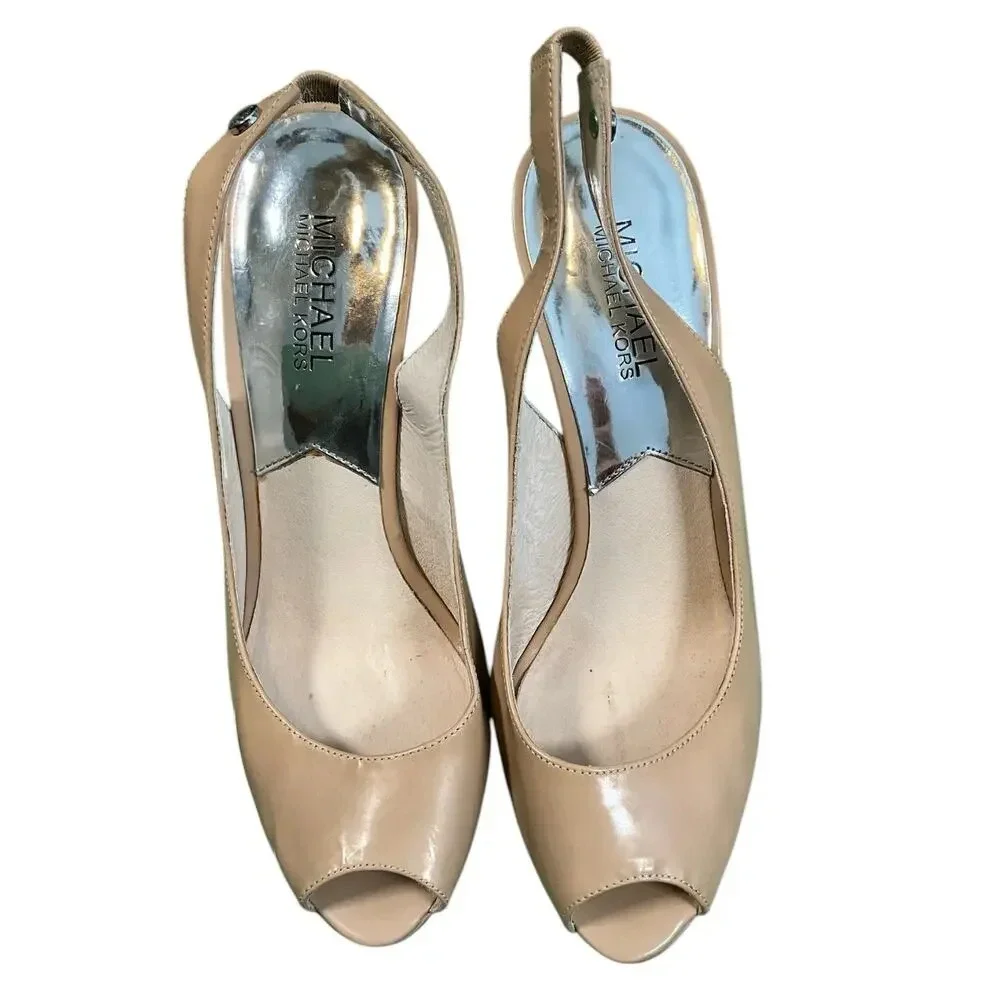 Michael Kors Women's Beige Paten Leather Slingback Peep Toe Heels Size 7.5 Used